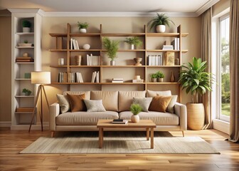 Minimalist beige living room features a cozy sofa, functional floating shelves, and ample bookshelves.