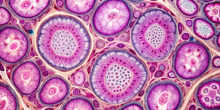 Microscopic ovarian histology showcases follicle maturation, oogenesis via H&E staining, illustrating diverse follicular and oocyte stages.