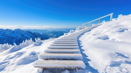 Snowy mountain stairs leading to scenic vista