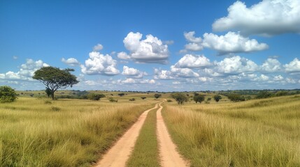 Obraz premium The dirt road winds gently across the sprawling plains, surrounded by golden grass and framed by a clear, sunny sky adorned with soft clouds.