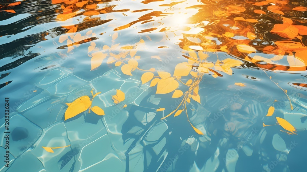 Poster serene and captivating image of a clear calm pool reflecting the bright warmth of the summer sun the