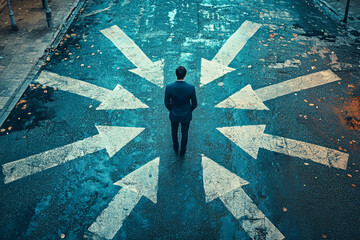 At the crossroads of choices, a man faces a multitude of directions in a captivating drone shot