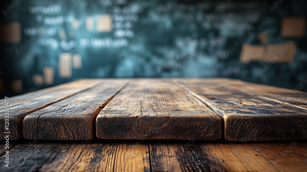 Aufkleber rustic wooden tabletop displayed in a bright school classroom against a blackboard the empty counter