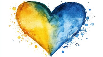 Watercolor heart, blue & yellow splattered paint on white