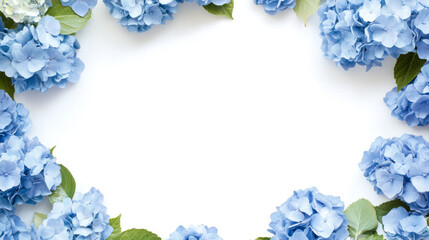 Elegant blue hydrangeas frame blank space, perfect for invitations or announcements. soft petals and vibrant leaves create serene and inviting atmosphere