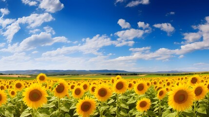Obraz premium Vibrant and expansive sunflower field bathed in warm sunlight under a bright blue sky creating a picturesque and serene pastoral landscape