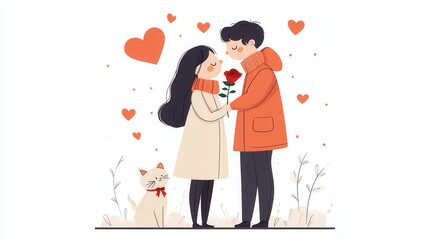 A Valentine card illustration featuring a couple, their cat wearing a bowtie, and their dog holding a rose in its mouth