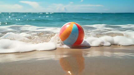 Vibrant and Playful Beach Ball Floating Peacefully in the Shallow Serene Ocean Waves Under a Sunny Blue Sky   Summertime Vacation and Recreation Concept