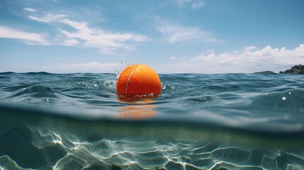 Vibrant beach ball floating peacefully in the shallow turquoise ocean waters during a relaxing summer vacation by the coast  The serene calming scene evokes a sense of carefree leisure and escapism