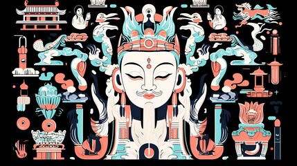 Obraz premium Spiritual Harmony, a vibrant graphic design featuring an array of spiritual symbols, intertwined patterns, and harmonious colors celebrating unity.