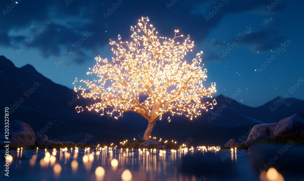 Poster golden tree radiating warm light, surrounded by floating musical notes, creating a serene and enchan