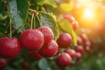 Obraz premium Red Cherries with Dew in Sunlit Orchard - Nature's Freshness for Summer Prints