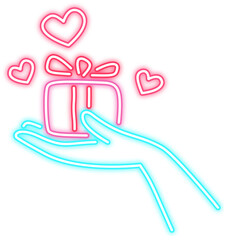 Neon glow heart icon with hand love sign