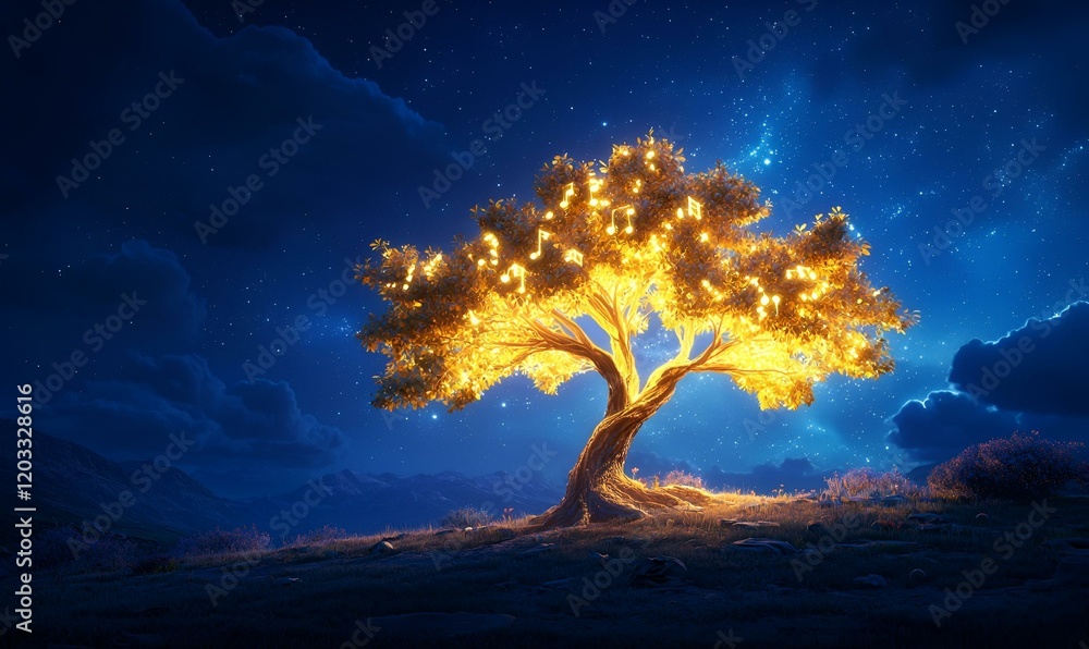 Poster golden harmony, a luminous tree radiating warmth, adorned with floating musical notes, creating an e
