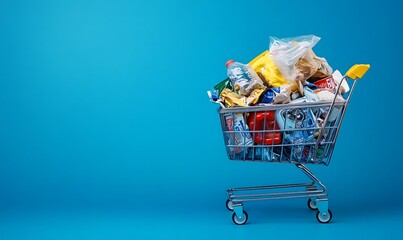 Shopping cart full of garbage with copy space. Consumerism. Buying junk on blue background 
