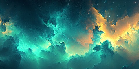 Fototapeta premium Vibrant Teal and Gold Nebula Space Cloudscape Cosmic Abstract Background