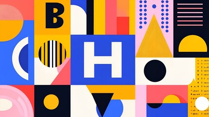 Obraz premium Geometric Harmony, a vibrant design reflecting the interconnectedness of remote learning through shapes and colors, symbolizing modern education.