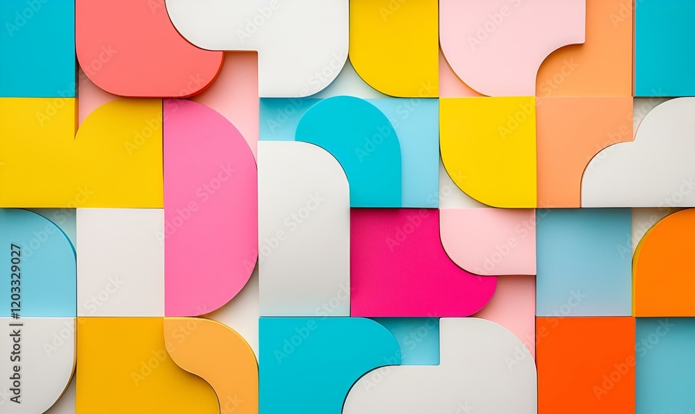 Poster geometric harmony, an intricate design blending vibrant shapes and colors, creating a dynamic visual