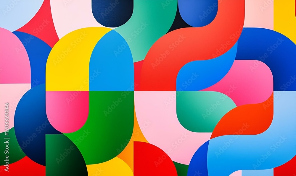 Poster geometric harmony, an intricate design featuring interlocking shapes and vibrant colors, creating a 