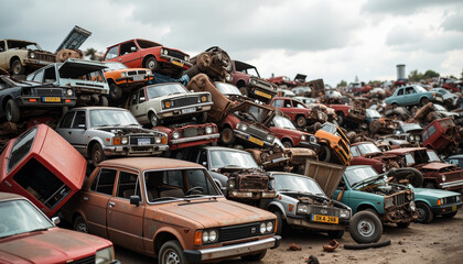 Old cars piled high in a sprawling salvage yard, creating a striking and chaotic landscape under a cloudy sky