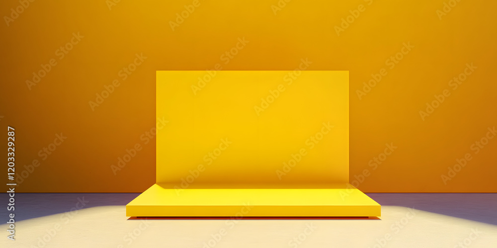 Poster blank yellow display on vivid summer background with minimal style. blank stand for showing product.
