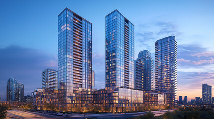 Fototapeta premium Skyscrapers in Downtown City with Modern Architecture at Dusk