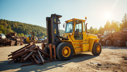 Obraz premium Forklift maneuvers slowly amidst lumber stacks at a rustic workshop under the golden afternoon sun