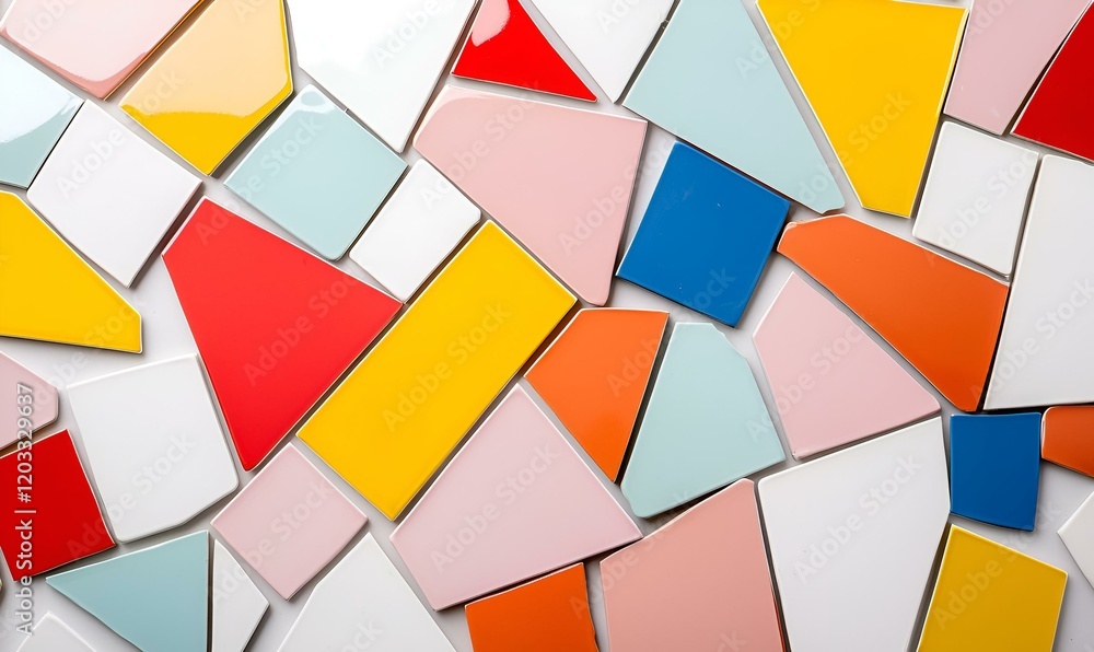 Poster geometric composition of recycled plastic, an intricate display of colorful plastic pieces arranged 