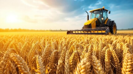 Fototapeta premium Tractor harvesting golden wheat field at sunset; agricultural industry
