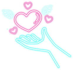 Neon glow heart icon with hand love sign