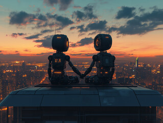 Two cute robots are sitting on the roof of a building, holding hands, looking at the lights of a big evening city against the background of the twilight sky