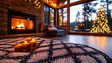 Cozy cabin living room with fireplace, Christmas tree, and candles