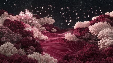 Crimson Waves Dance Ethereal Landscape Digital Artwork Surreal Background Nighttime View Mahogany Red Concept