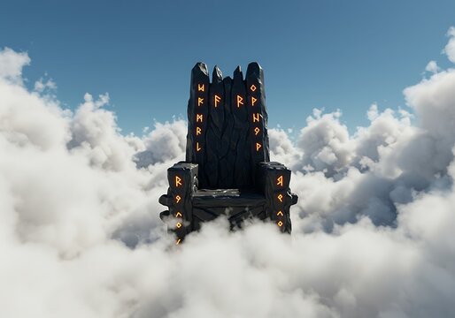 A 3d throne in the middle of white clouds. A throne in the sky.