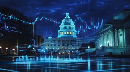 A futuristic holographic forex chart hovering in front of the illuminated Capitol Dome, symbolizing global trade and financial activity in Washington.