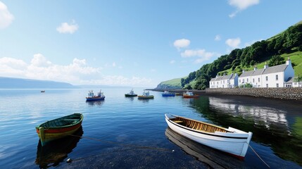 Fototapeta premium Coastal Village with Fishing Boats