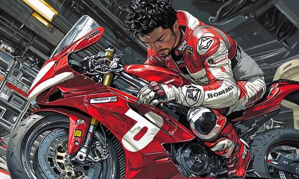 Focused Motorcyclist Preparing for Race in Garage