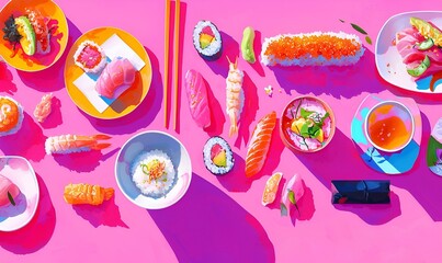 Vibrant Asian Fusion, a digital painting showcasing an array of modern Asian dishes, emphasizing colorful ingredients and artistic presentation.