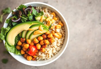 Delicious and Healthy Grain Bowl with Avocado/Chickpeas and Corn. A vibrant and appetizing grain bowl, showcasing a balanced meal of cooked couscous roasted chickpeas and fresh greens