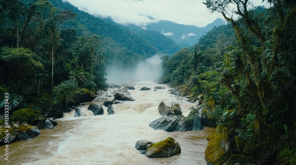 Poster Majestic river cascading through lush rainforest, rocky rapids, misty mountains.