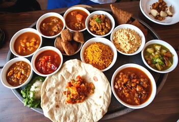 Diverse Indian Dishes Served on a Tray. A high-angle full shot of a large platter or tray filled with various Indian dishes