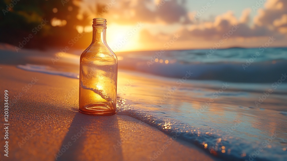 Poster serene scene of an empty glass bottle resting on a sunlit sandy beach its smooth surface casting sub