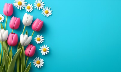 Naklejka premium Cheerful Spring Floral Border, vibrant tulips, lush greenery, bright colors, inviting atmosphere, perfect for seasonal celebrations and decorations