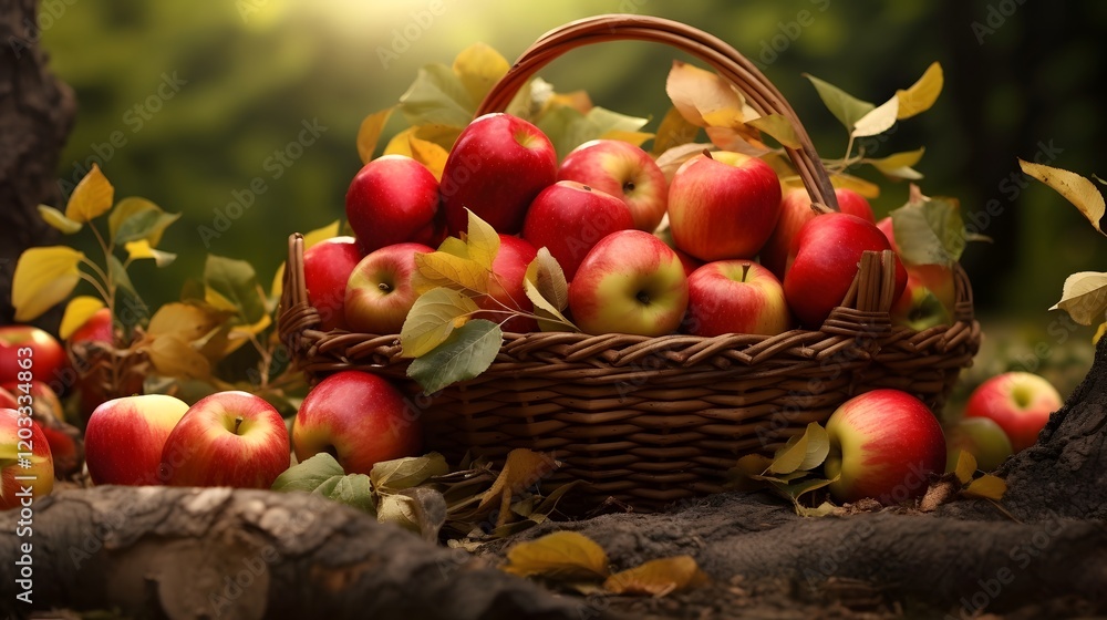 Poster a woven basket brimming with a bountiful harvest of freshly picked crisp apples surrounded by an arr