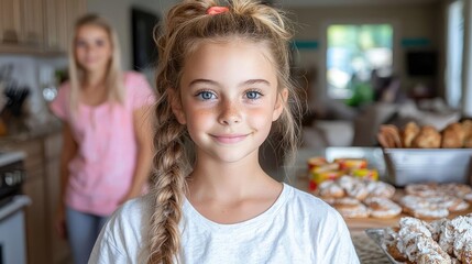 Fototapeta premium Girl smiling in kitchen, sister blurred background, pastries on counter, family breakfast