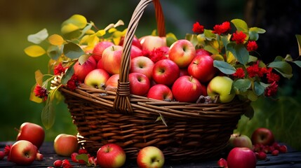 Basket Brimming with Fresh Apples and Vibrant Autumn Leaves Celebrating the Harvest Season