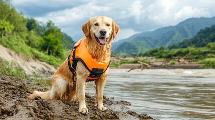 Petfluencer, Extreme Weather Events golden retriever wearing life jacket by river, enjoying nature