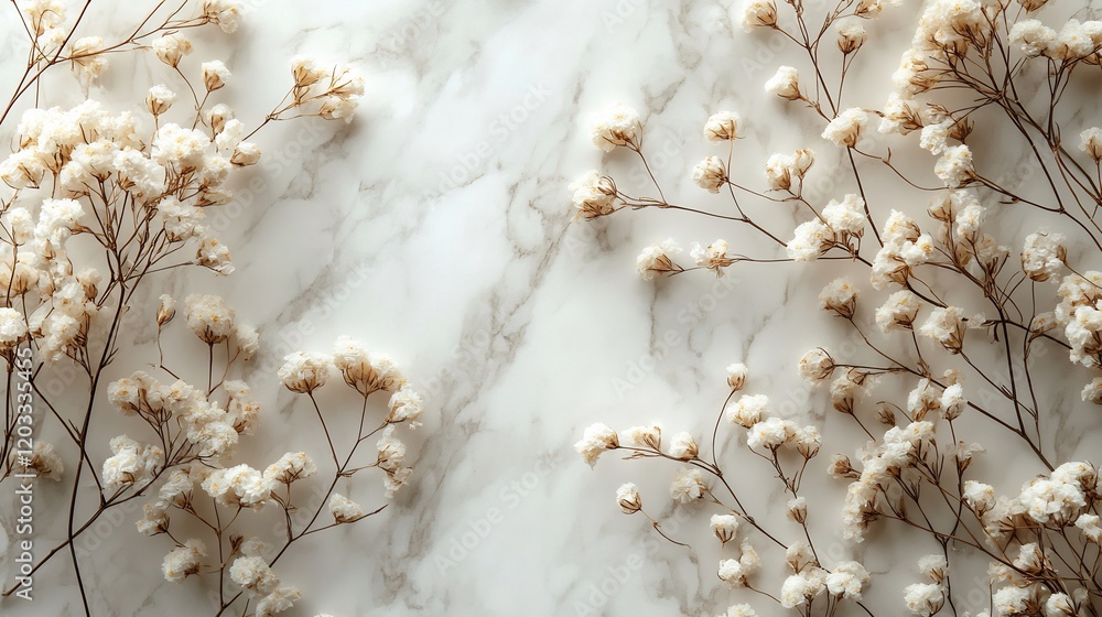 Aufkleber serene top view of a white marble background adorned with delicate dry white flowers creating a harm
