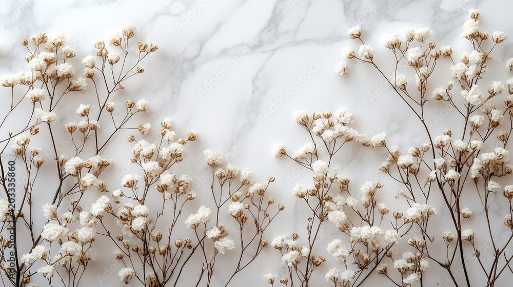 Aufkleber serene top view of a white marble background adorned with delicate dry white flowers creating a harm
