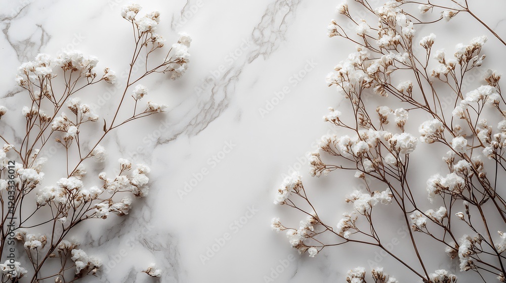 Aufkleber serene top view of a white marble background adorned with delicate dry white flowers creating a harm